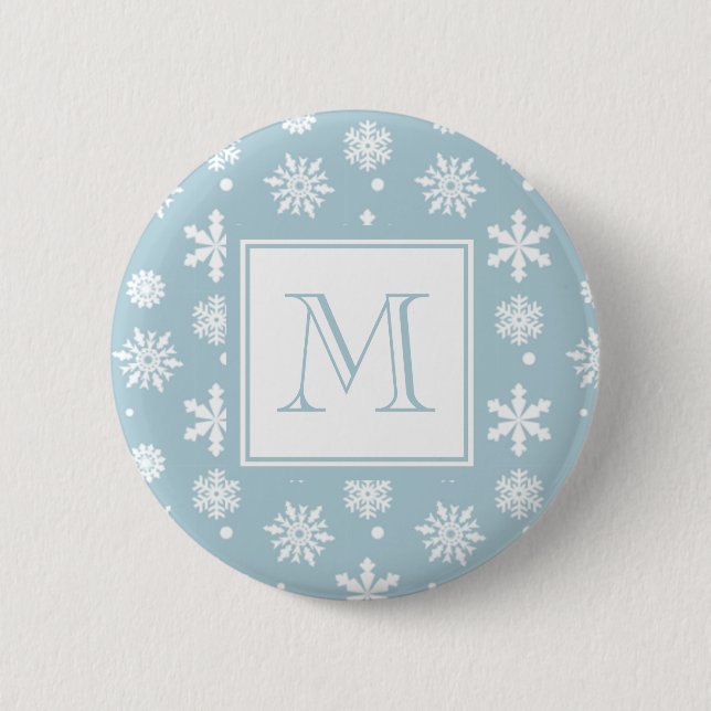Blue and White Snowflakes Pattern 1 with Monogram Pinback Button (Front)