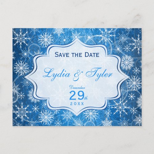 Blue and White Snowflakes Save the Date Card