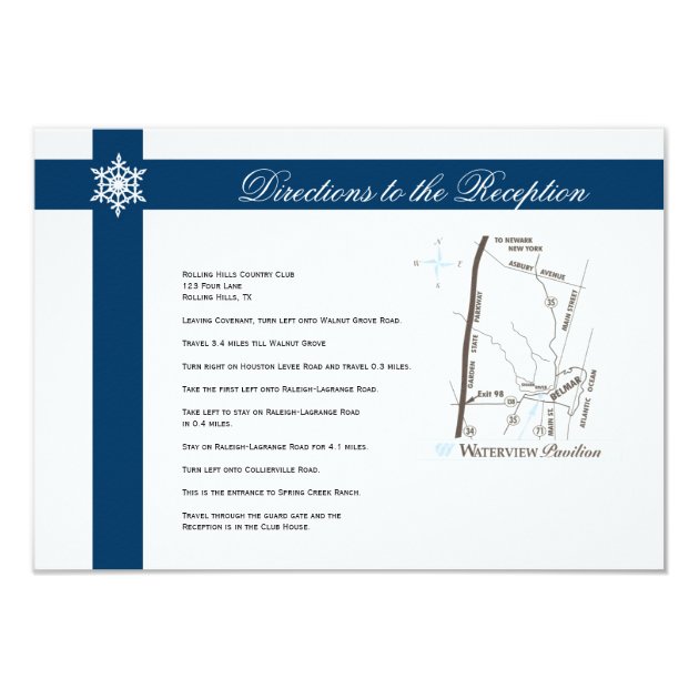 Blue And White Snowflakes Wedding Directions Card