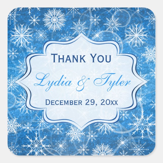 Blue and White Snowflakes Wedding Favor Sticker (Front)
