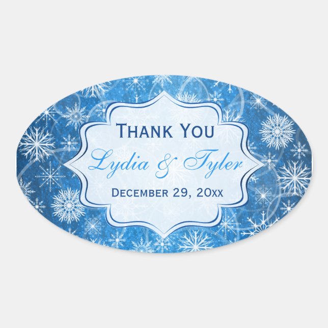 Blue and White Snowflakes Wedding Favor Sticker (Front)