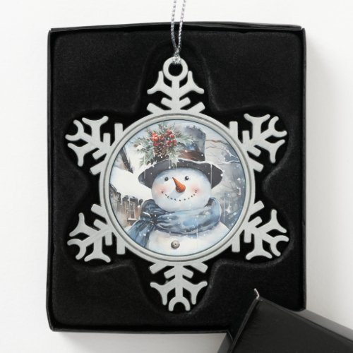 Blue and White Snowman Face Snowflake Pewter Christmas Ornament