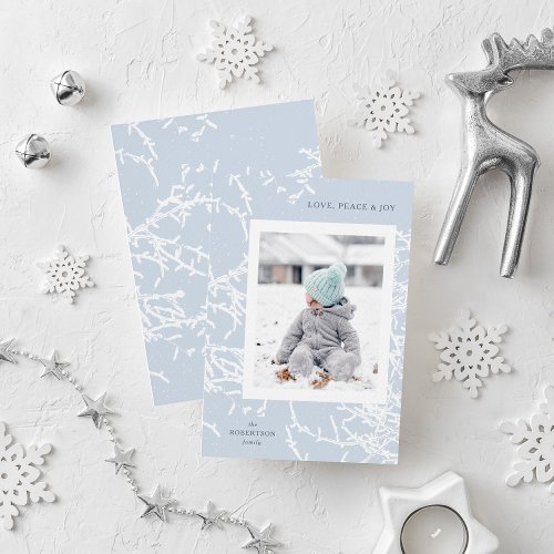 Blue and White Snowy Branches Holiday Photo Card