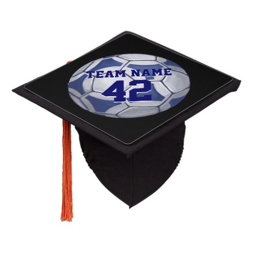 Blue and White Soccer Ball with name Graduation Cap Topper