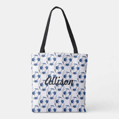 Blue And White Soccer Balls With Name Tote Bag