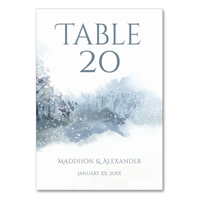 Blue and White Soft Watercolor Wedding Table Number (Front)
