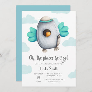 Blue and White Spaceship with Bird Baby Shower Invitation