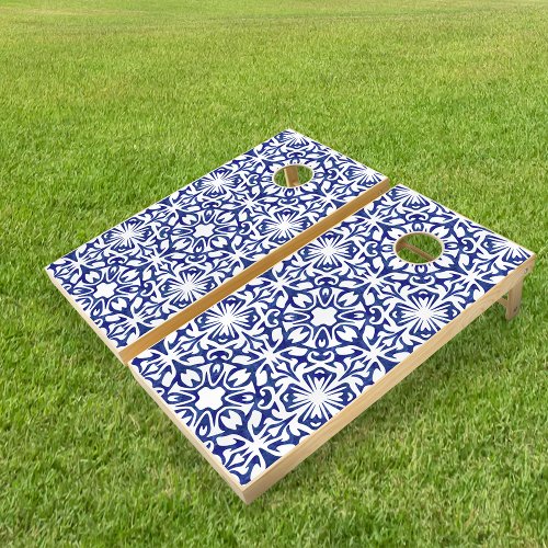 Blue and White Spanish Mediterranean Tile Pattern Cornhole Set