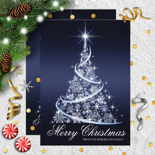 Blue and White Sparkle Tree Elegant Christmas Card