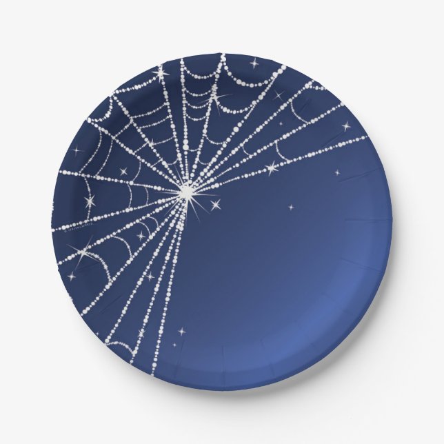 Blue and White Sparkling Diamond Spider Web Paper Plates (Front)