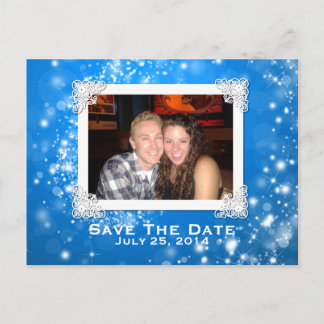 Blue and White Sparkly Photo Wedding Save The Date Announcement Postcard
