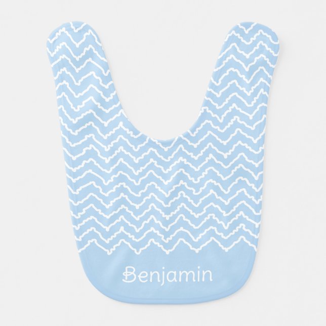 Blue And White Squiggly Chevron Zigzag With Name Baby Bib (Front)