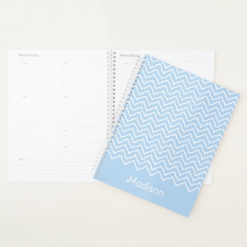 Blue And White Squiggly Chevron Zigzag With Name Planner