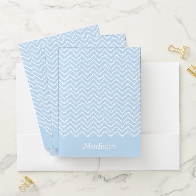 Blue And White Squiggly Chevron Zigzag With Name Pocket Folder (In Situ)