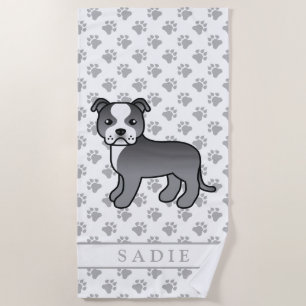 Blue And White Staffie Cute Cartoon Dog & Name Beach Towel
