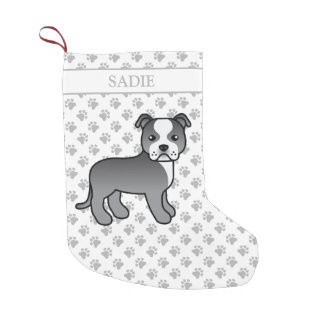 Blue And White Staffie Cute Cartoon Dog &amp; Name Small Christmas Stocking