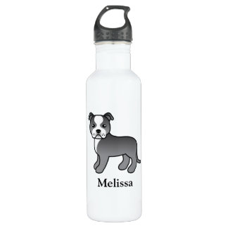 Blue And White Staffie Cute Cartoon Dog &amp; Name Stainless Steel Water Bottle