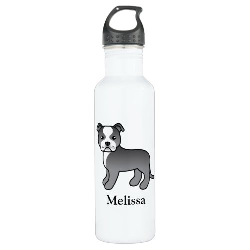 Blue And White Staffie Cute Cartoon Dog  Name Stainless Steel Water Bottle