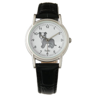 Blue And White Staffie Cute Cartoon Dog &amp; Name Watch
