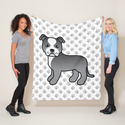 Blue And White Staffie Cute Cartoon Dog  Paws Fleece Blanket