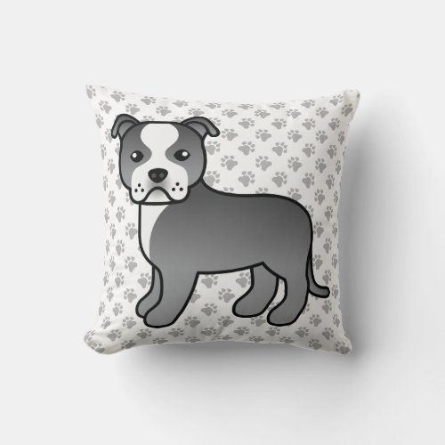 Blue And White Staffie Cute Cartoon Dog  Paws Throw Pillow