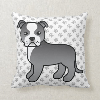 Blue And White Staffie Cute Cartoon Dog &amp; Paws Throw Pillow