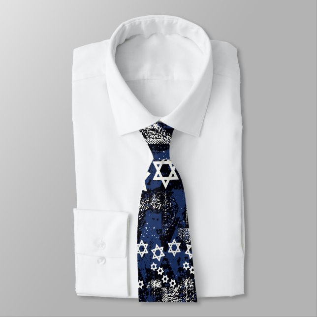 Blue And White Star Of David Pattern Neck Tie (Tied)