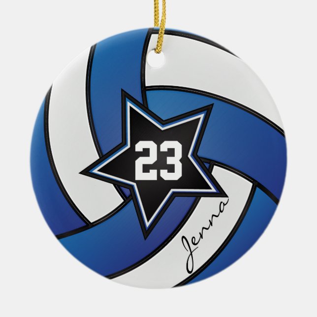Blue and White Star Volleyball 2 Ceramic Ornament (Front)