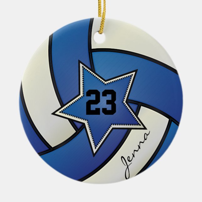 Blue and White Star Volleyball Ceramic Ornament (Front)
