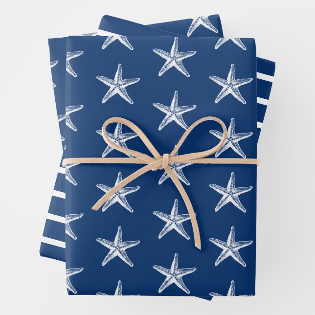 Blue and White Starfish Nautical Stripe Wrapping Paper Sheets (In situ)