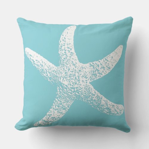 Blue and White Starfish Outdoor Throw Pillow