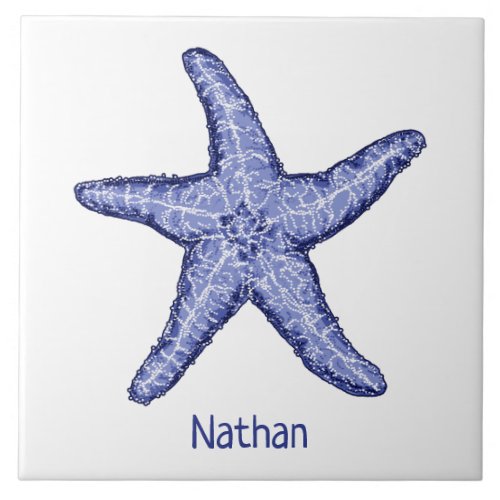 Blue and white starfish with name ceramic tile