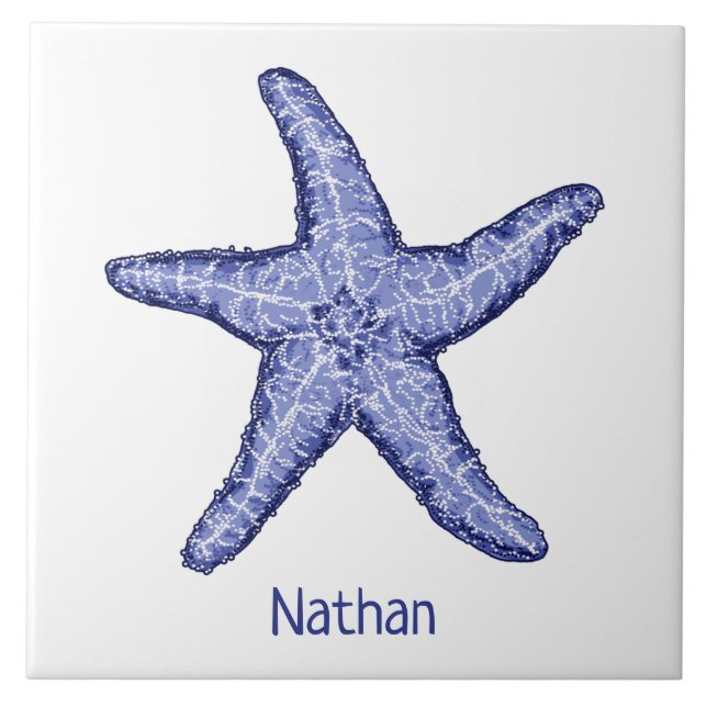 Blue and white starfish with name ceramic tile (Front)