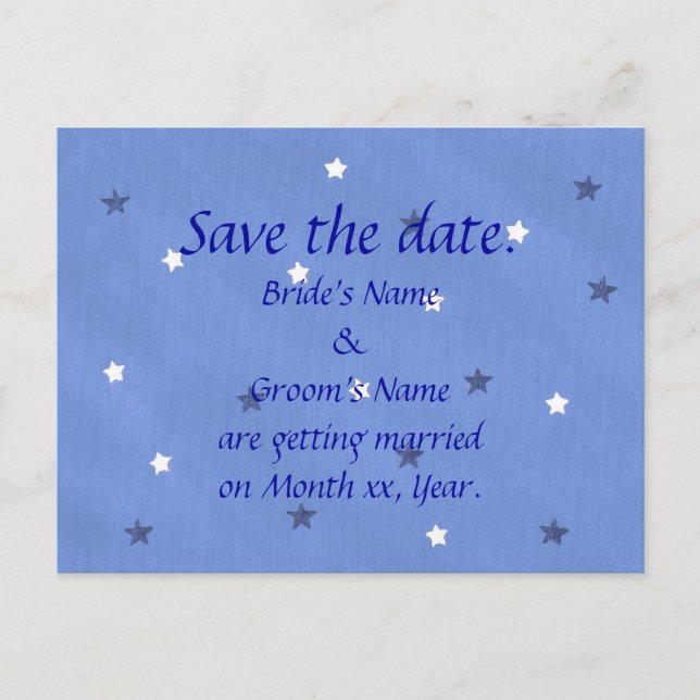 Blue and White Stars Save the Date Postcards (Front)