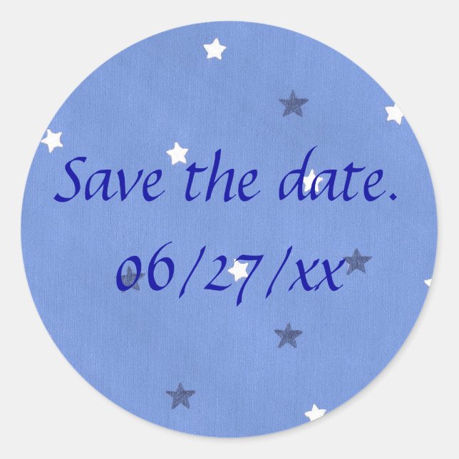 Blue and White Stars Save the Date Stickers (Front)