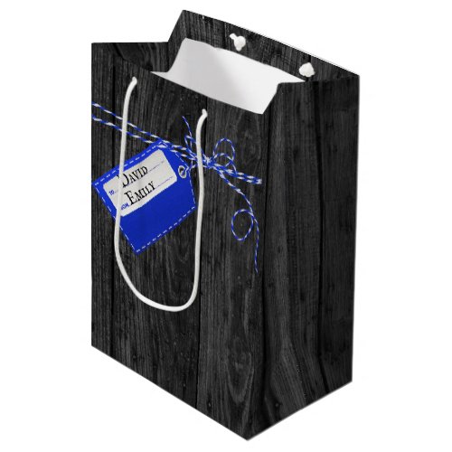 Blue and White String Bow On Wood Medium Gift Bag