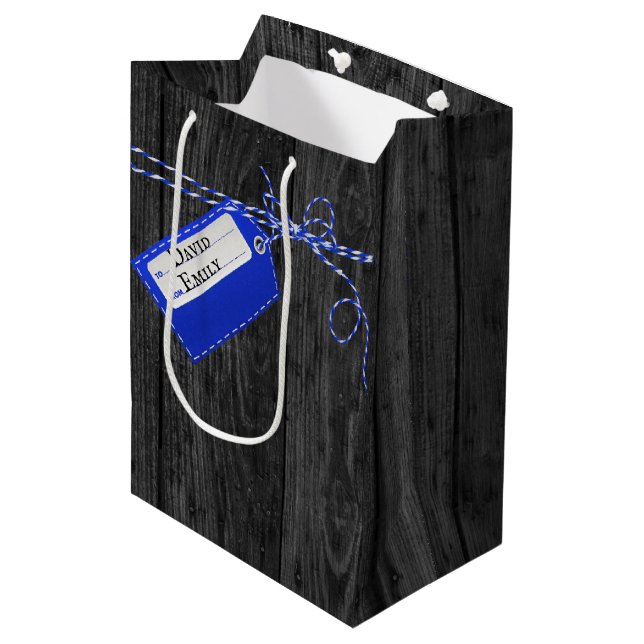 Blue and White String Bow On Wood Medium Gift Bag (Front Angled)