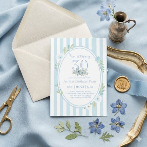 Blue and White Stripe 30th Birthday Invitation