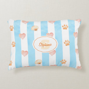 Blue and White Stripe - Hearts,, Paw Print, Shell Accent Pillow