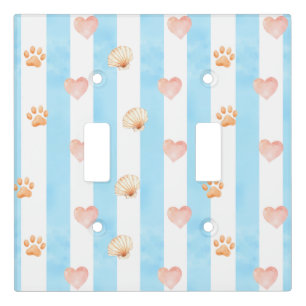 Blue and White Stripe - Hearts,, Paw Print, Shell Light Switch Cover