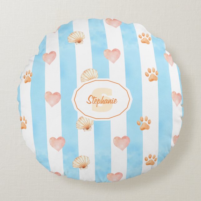 Blue and White Stripe - Hearts,, Paw Print, Shell Round Pillow (Front)