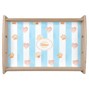 Blue and White Stripe - Hearts,, Paw Print, Shell Serving Tray