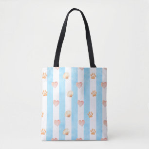 Blue and White Stripe - Hearts,, Paw Print, Shell Tote Bag