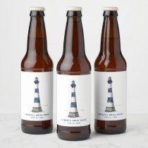 Blue and White Stripe Lighthouse Wedding Beer Bottle Label