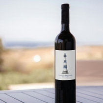 Blue and White Stripe Lighthouse Wedding Wine Labe Label