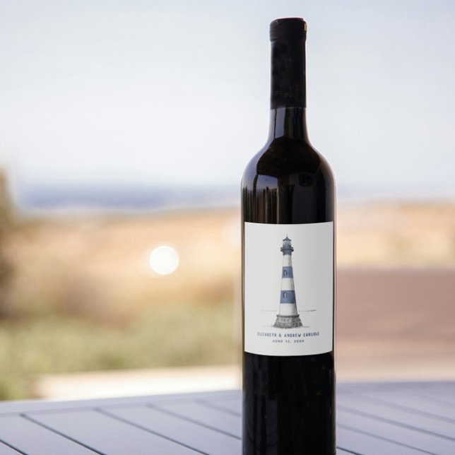 Blue and White Stripe Lighthouse Wedding Wine Labe Wine Label (Creator Uploaded)