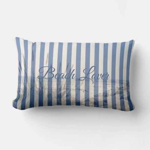 Blue and white stripe pattern with beach landscape lumbar pillow