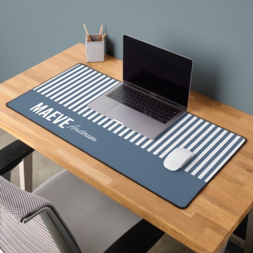 Blue and white stripe personalized modern elegant desk mat