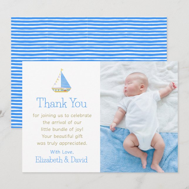 Blue and White Stripe Sailboat Baby Shower Thank You Card (Front/Back)