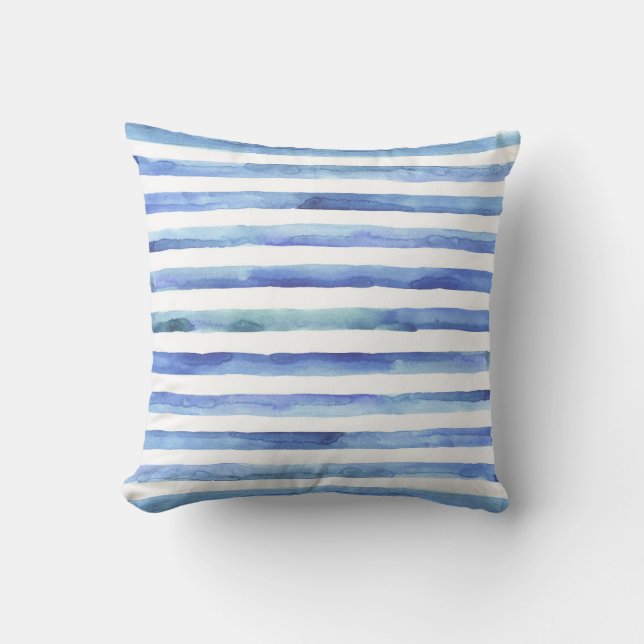 Blue and white stripe watercolor pillow (Front)